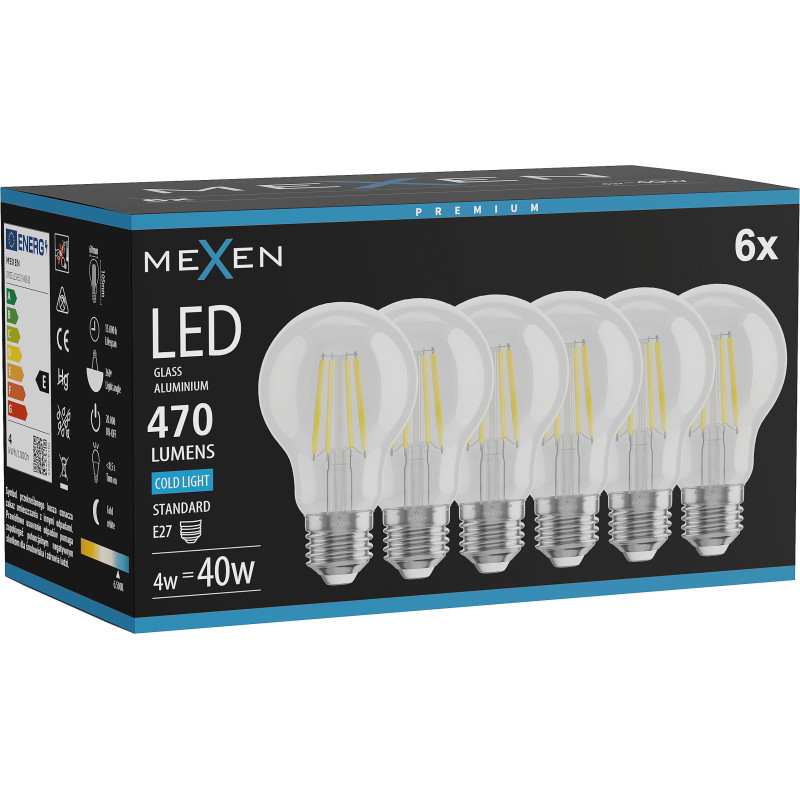 Mexen Vintis 6x Žiarovka filament LED E27, A60, 4W, Studená - 6500K, 470 lm, číra - L150-E27-0465-00x06