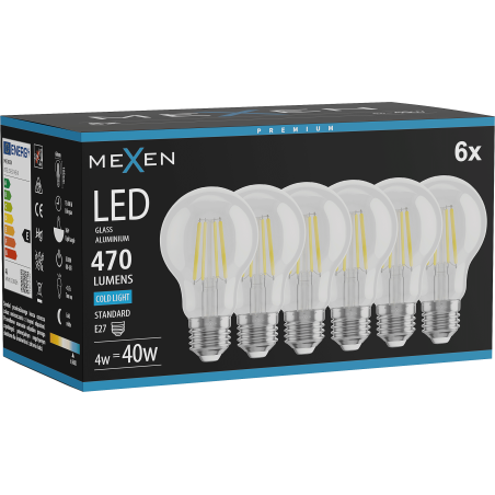 Mexen Vintis 6x Žiarovka filament LED E27, A60, 4W, Studená - 6500K, 470 lm, číra - L150-E27-0465-00x06