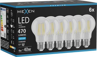Mexen Vintis 6x Žiarovka filament LED E27, A60, 4W, Studená - 6500K, 470 lm, číra - L150-E27-0465-00x06