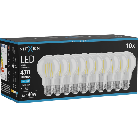 Mexen Vintis 10x žiarovka filament LED E27, A60, 4W, Studená - 6500K, 470 lm, číra - L150-E27-0465-00x10