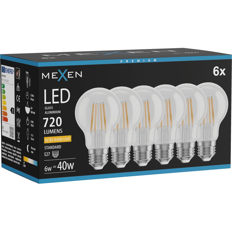 Mexen Vintis 6x Žiarovka filament LED E27, A60, 6W, Teplá - 2200K, 720 lm, číra - L150-E27-0622-00x06