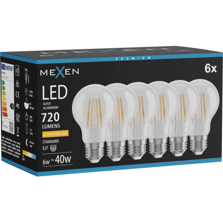 Mexen Vintis 6x Žiarovka filament LED E27, A60, 6W, Teplá - 2200K, 720 lm, číra - L150-E27-0622-00x06