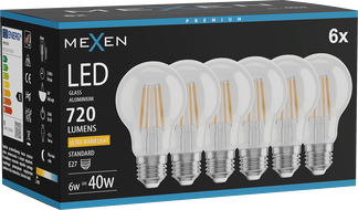 Mexen Vintis 6x Žiarovka filament LED E27, A60, 6W, Teplá - 2200K, 720 lm, číra - L150-E27-0622-00x06