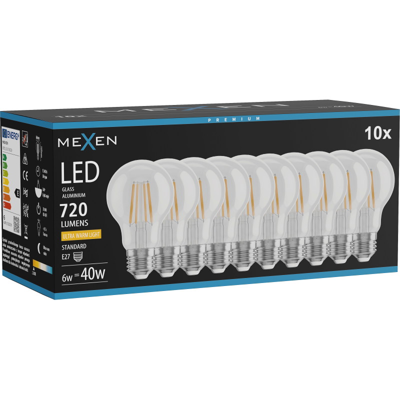Mexen Vintis 10x LED filamentová žiarovka E27, A60, 6W, Teplá - 2200K, 720 lm, číra - L150-E27-0622-00x10