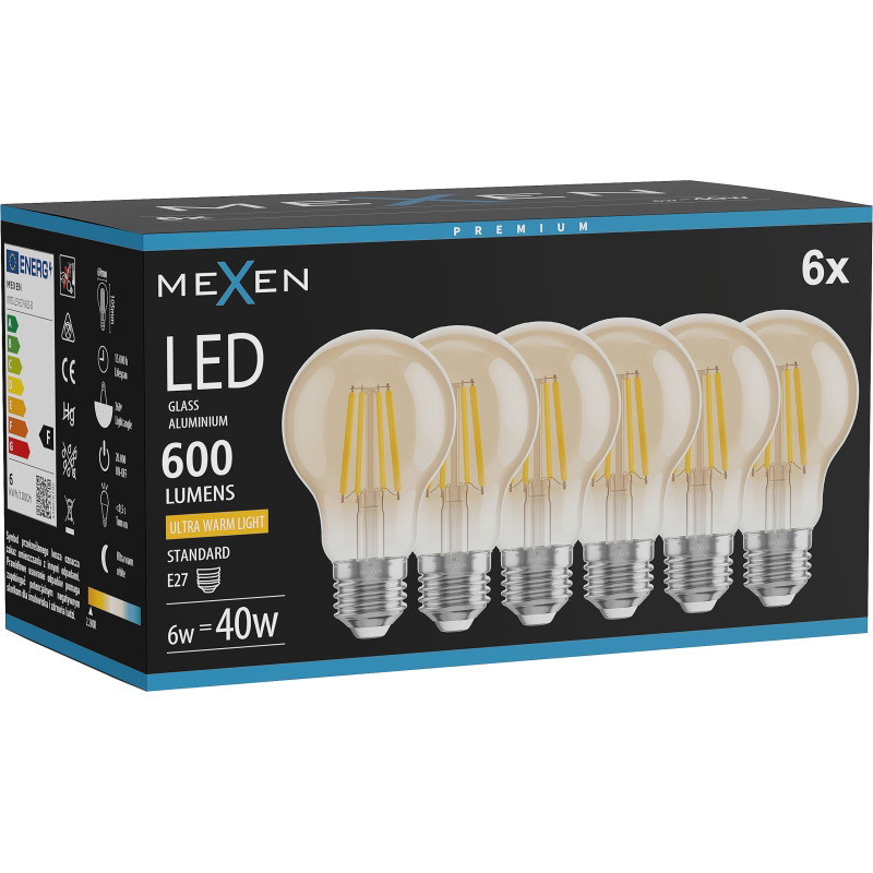 Mexen Vintis 6x žiarovka filament LED E27, A60, 6W, Teplá - 2200K, 600 lm, jantárová - L150-E27-0622-50x06