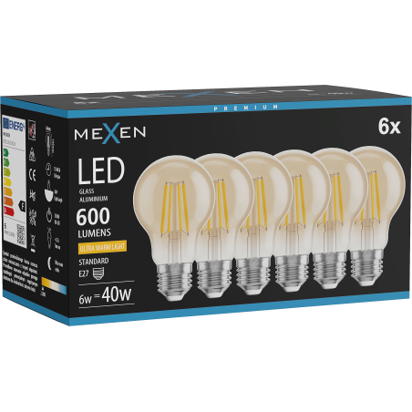 Mexen Vintis 6x žiarovka filament LED E27, A60, 6W, Teplá - 2200K, 600 lm, jantárová - L150-E27-0622-50x06