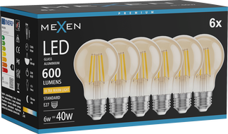 Mexen Vintis 6x žiarovka filament LED E27, A60, 6W, Teplá - 2200K, 600 lm, jantárová - L150-E27-0622-50x06