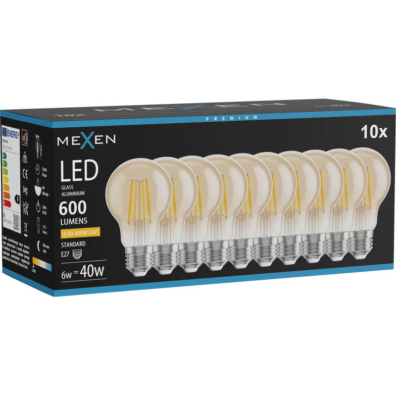Mexen Vintis 10x žiarovka filament LED E27, A60, 6W, Teplá - 2200K, 600 lm, jantárová - L150-E27-0622-50x10