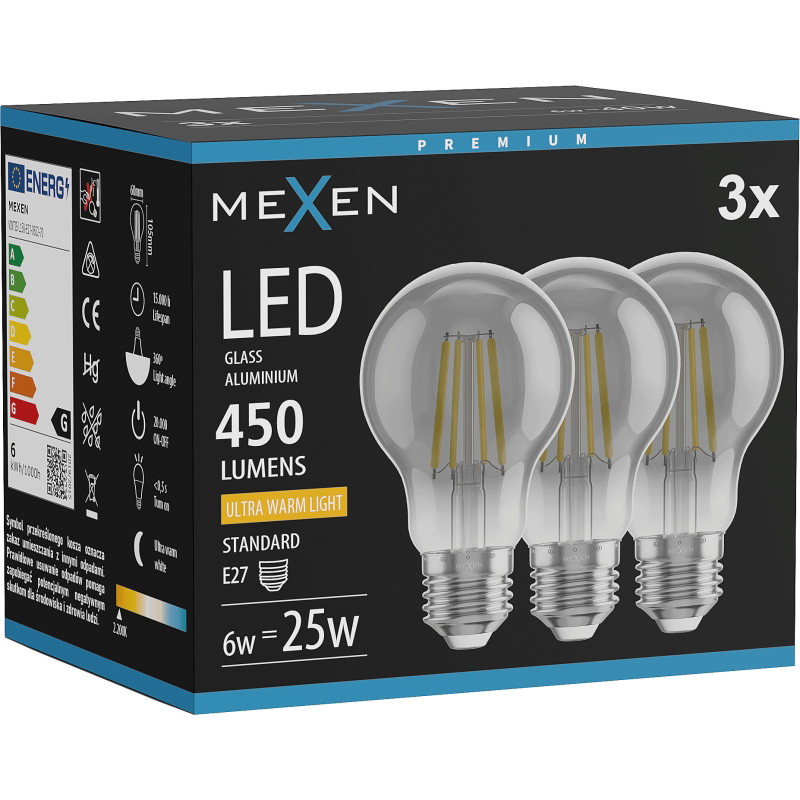 Mexen Vintis 3x LED žiarovka filament E27, A60, 6W, Teplá - 2200K, 450 lm, dymové sklo - L150-E27-0622-70x03