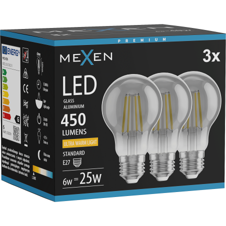 Mexen Vintis 3x LED žiarovka filament E27, A60, 6W, Teplá - 2200K, 450 lm, dymové sklo - L150-E27-0622-70x03