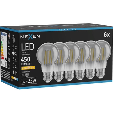 Mexen Vintis 6x LED žiarovka filament E27, A60, 6W, Teplá - 2200K, 450 lm, dymová - L150-E27-0622-70x06