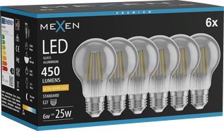 Mexen Vintis 6x LED žiarovka filament E27, A60, 6W, Teplá - 2200K, 450 lm, dymová - L150-E27-0622-70x06