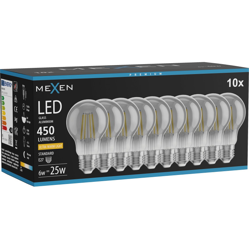 Mexen Vintis 10x žiarovka filament LED E27, A60, 6W, Teplá - 2200K, 450 lm, dymová - L150-E27-0622-70x10
