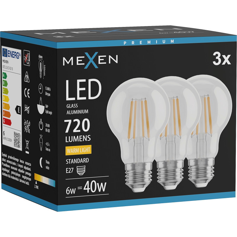 Mexen Vintis 3x LED A60 E27 žiarovka filament, 6W, Teplá - 2700K, 720 lm, číra - L150-E27-0627-00x03