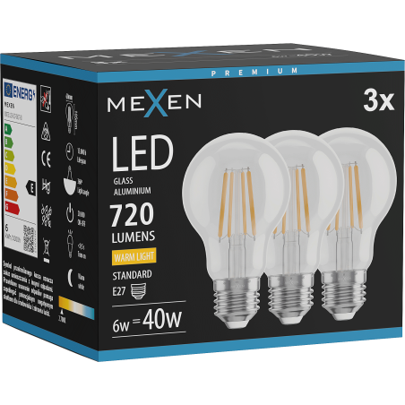 Mexen Vintis 3x LED A60 E27 žiarovka filament, 6W, Teplá - 2700K, 720 lm, číra - L150-E27-0627-00x03