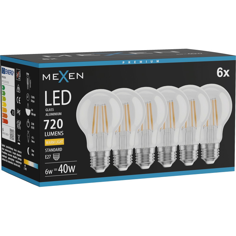 Mexen Vintis 6x LED žiarovka filament E27, A60, 6W, Teplá - 2700K, 720 lm, číra - L150-E27-0627-00x06