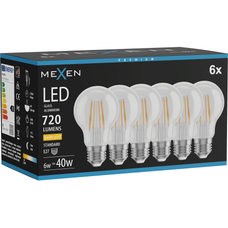 Mexen Vintis 6x LED žiarovka filament E27, A60, 6W, Teplá - 2700K, 720 lm, číra - L150-E27-0627-00x06