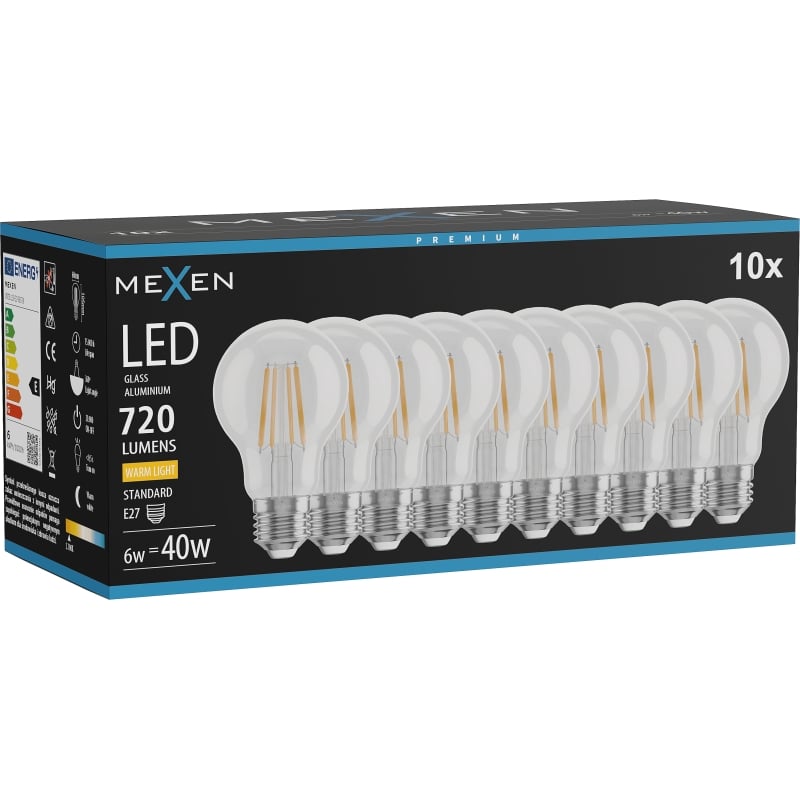 Mexen Vintis 10x žiarovka filament LED E27, A60, 6W, Teplá - 2700K, 720 lm, číra - L150-E27-0627-00x10