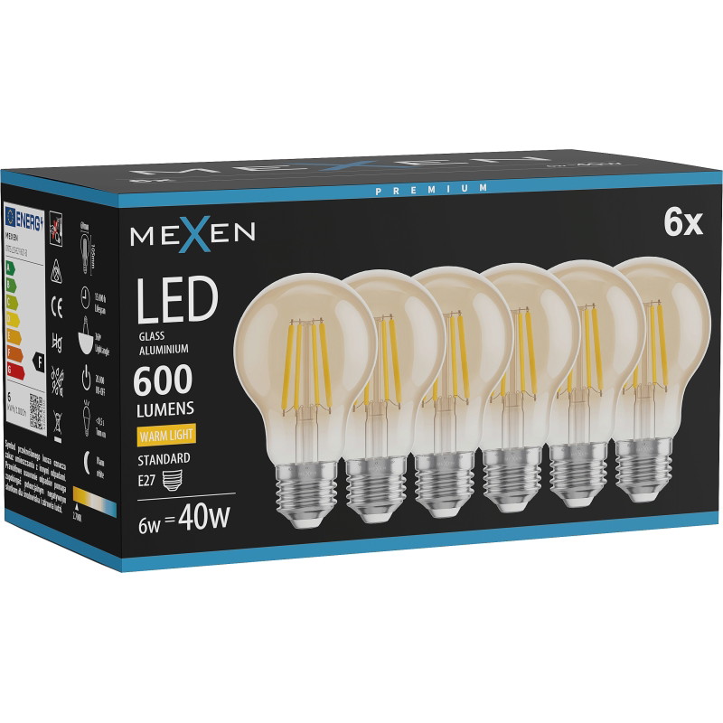 Mexen Vintis 6x Vlákno žiarovka LED E27, A60, 6W, Teplá - 2700K, 600 lm, jantárová - L150-E27-0627-50x06