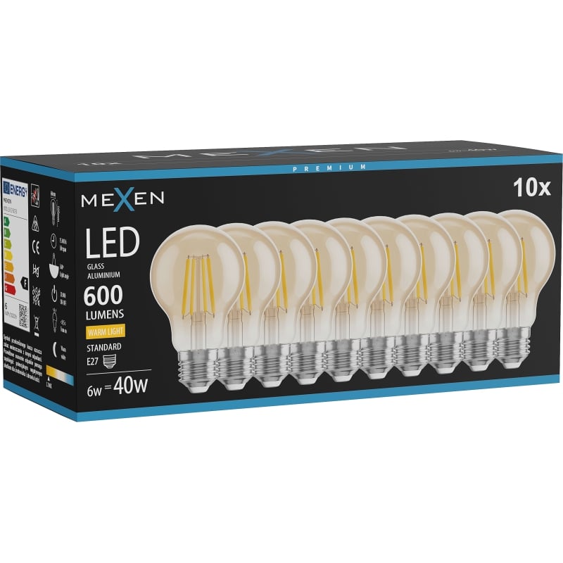 Mexen Vintis 10x LED filamentová žiarovka E27, A60, 6W, Teplá - 2700K, 600 lm, jantárová - L150-E27-0627-50x10