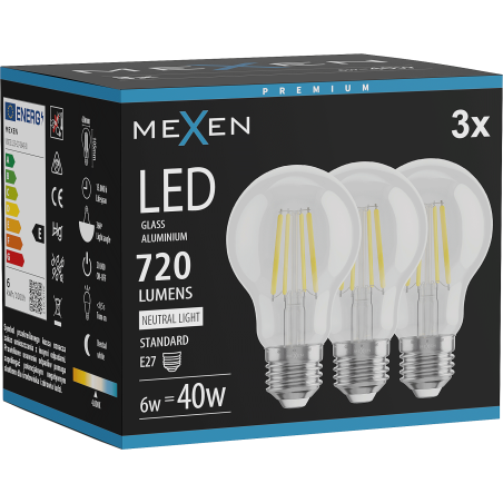 Mexen Vintis 3x Žiarovka filament LED E27, A60, 6W, Neutrálna - 4000K, 720 lm, číra - L150-E27-0640-00x03