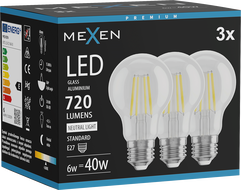 Mexen Vintis 3x Žiarovka filament LED E27, A60, 6W, Neutrálna - 4000K, 720 lm, číra - L150-E27-0640-00x03