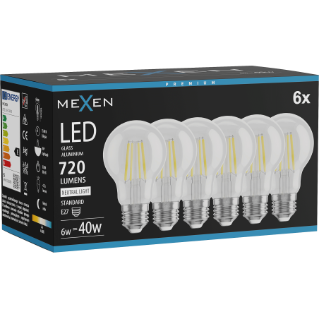 Mexen Vintis 6x LED žiarovka filament E27, A60, 6W, Neutrálna - 4000K, 720 lm, číra - L150-E27-0640-00x06