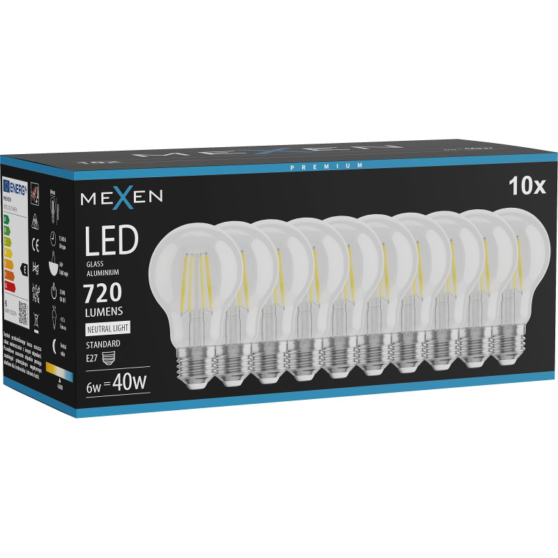 Mexen Vintis 10x žiarovka filament LED E27, A60, 6W, Neutrálna - 4000K, 720 lm, číra - L150-E27-0640-00x10