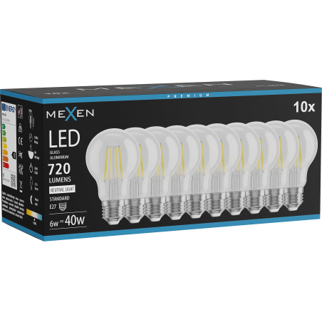 Mexen Vintis 10x žiarovka filament LED E27, A60, 6W, Neutrálna - 4000K, 720 lm, číra - L150-E27-0640-00x10