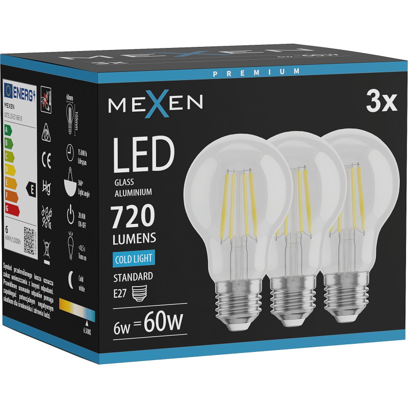 Mexen Vintis 3x LED žiarovka filament E27, A60, 6W, Studená - 6500K, 720 lm, číra - L150-E27-0665-00x03
