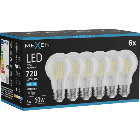 Mexen Vintis 6x Žiarovka filament LED E27, A60, 6W, Studená - 6500K, 720 lm, číra - L150-E27-0665-00x06