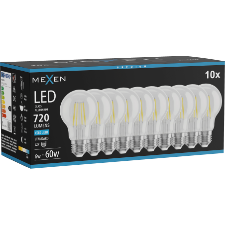 Mexen Vintis 10x žiarovka filament LED E27, A60, 6W, Studená - 6500K, 720 lm, priehľadná - L150-E27-0665-00x10