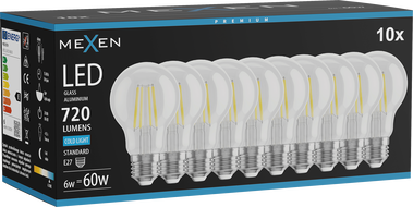 Mexen Vintis 10x žiarovka filament LED E27, A60, 6W, Studená - 6500K, 720 lm, priehľadná - L150-E27-0665-00x10