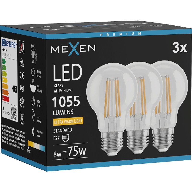Mexen Vintis 3x LED žiarovka filament E27, A60, 8W, Teplá - 2200K, 1055 lm, číra - L150-E27-0822-00x03