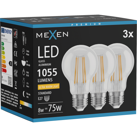 Mexen Vintis 3x LED žiarovka filament E27, A60, 8W, Teplá - 2200K, 1055 lm, číra - L150-E27-0822-00x03