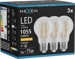 Mexen Vintis 3x LED žiarovka filament E27, A60, 8W, Teplá - 2200K, 1055 lm, číra - L150-E27-0822-00x03