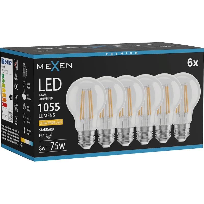 Mexen Vintis 6x Žiarovka filament LED E27, A60, 8W, Teplá - 2200K, 1055 lm, číra - L150-E27-0822-00x06