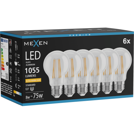 Mexen Vintis 6x Žiarovka filament LED E27, A60, 8W, Teplá - 2200K, 1055 lm, číra - L150-E27-0822-00x06
