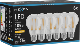 Mexen Vintis 6x Žiarovka filament LED E27, A60, 8W, Teplá - 2200K, 1055 lm, číra - L150-E27-0822-00x06