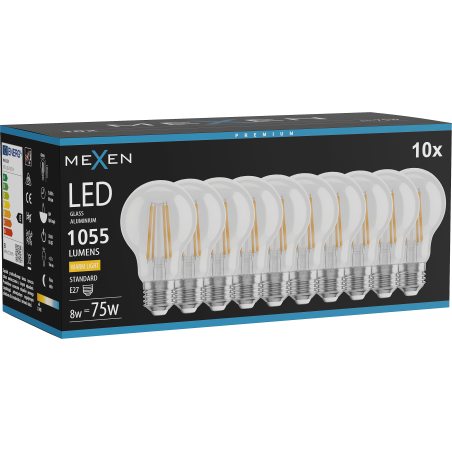 Mexen Vintis 10x LED žiarovka filament E27, A60, 8W, Teplá - 2200K, 1055 lm, číra - L150-E27-0822-00x10