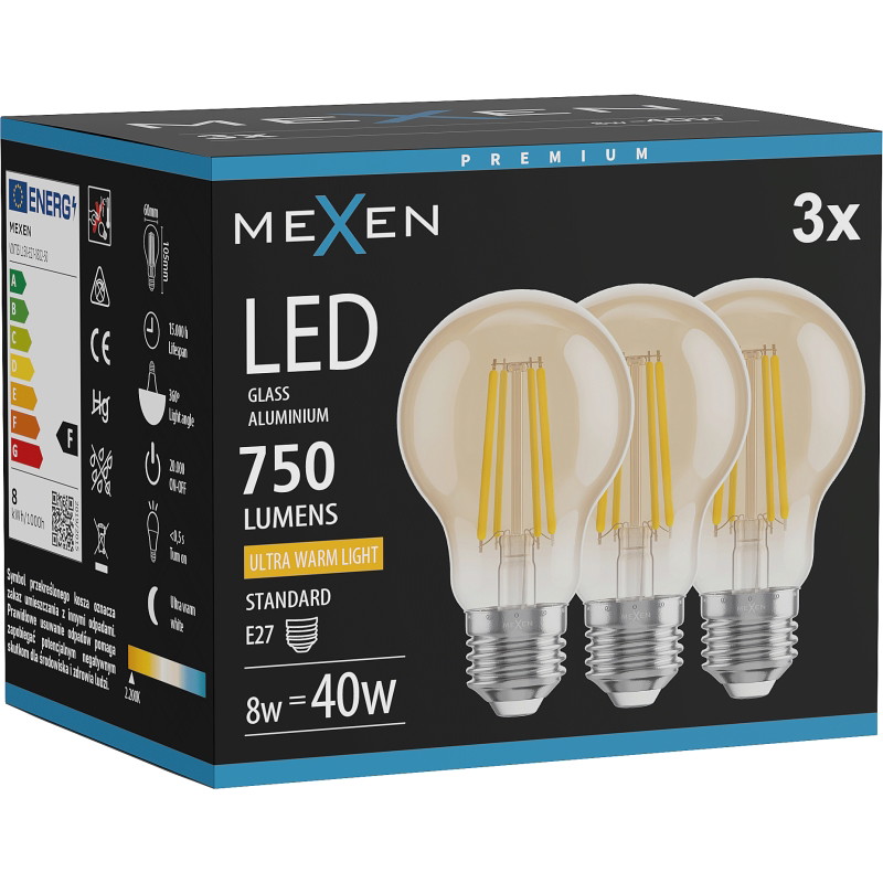Mexen Vintis 3x LED filamentová žiarovka E27, A60, 8W, Teplá - 2200K, 750 lm, jantárová - L150-E27-0822-50x03