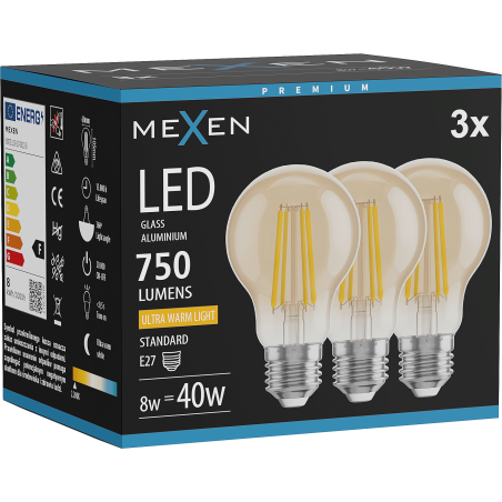 Mexen Vintis 3x LED filamentová žiarovka E27, A60, 8W, Teplá - 2200K, 750 lm, jantárová - L150-E27-0822-50x03