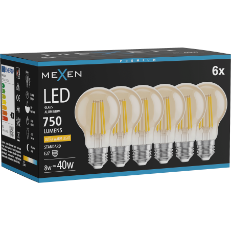 Mexen Vintis 6x žiarovka filament LED E27, A60, 8W, Teplá - 2200K, 750 lm, amber - L150-E27-0822-50x06