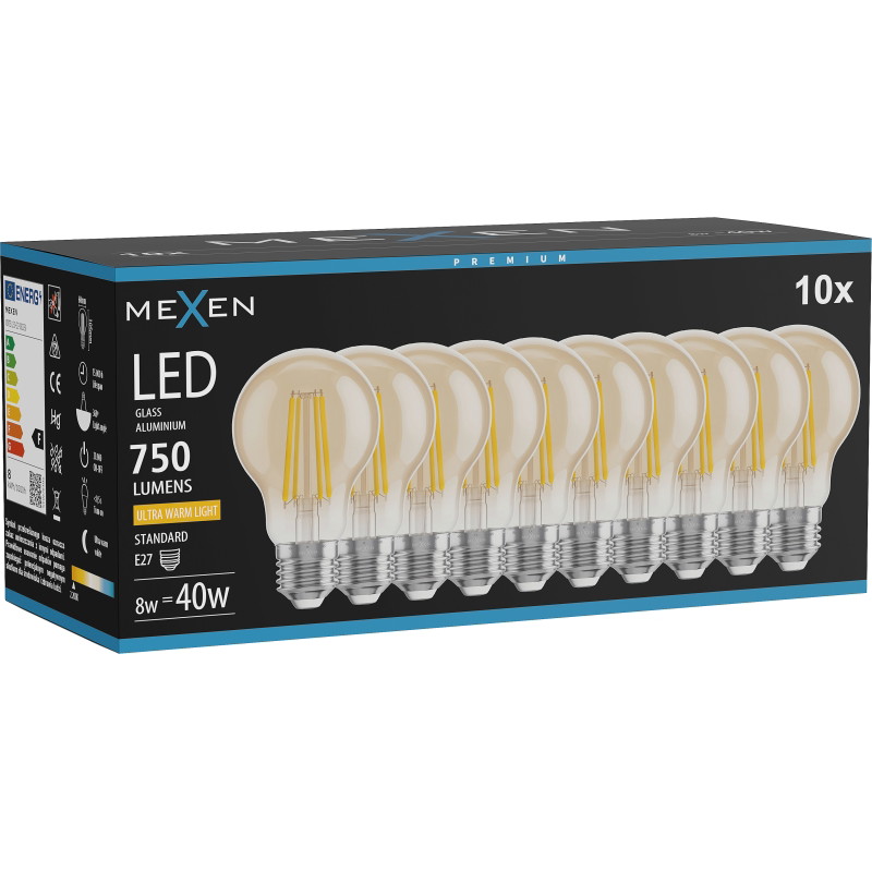 Mexen Vintis 10x žiarovka filament LED E27, A60, 8W, Teplá - 2200K, 750 lm, jantárová - L150-E27-0822-50x10