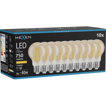 Mexen Vintis 10x žiarovka filament LED E27, A60, 8W, Teplá - 2200K, 750 lm, jantárová - L150-E27-0822-50x10