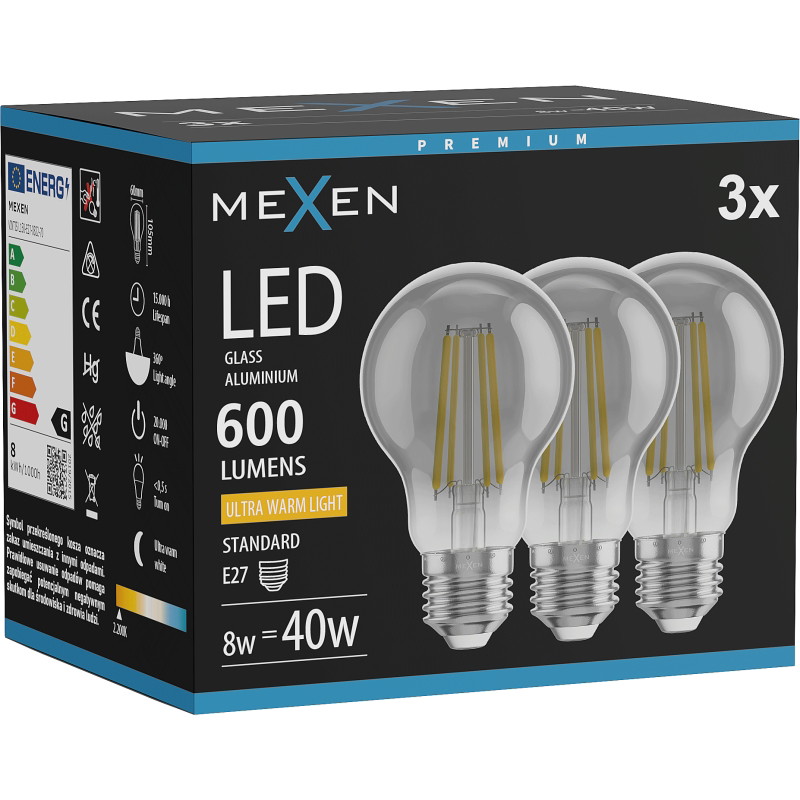 Mexen Vintis 3x LED vláknová žiarovka E27, A60, 8W, Teplá - 2200K, 600 lm, dymová - L150-E27-0822-70x03