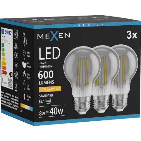 Mexen Vintis 3x LED vláknová žiarovka E27, A60, 8W, Teplá - 2200K, 600 lm, dymová - L150-E27-0822-70x03