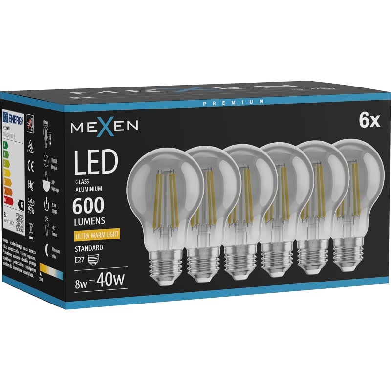 Mexen Vintis 6x Žiarovka filament LED E27, A60, 8W, Teplá - 2200K, 600 lm, smoke - L150-E27-0822-70x06