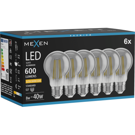 Mexen Vintis 6x Žiarovka filament LED E27, A60, 8W, Teplá - 2200K, 600 lm, smoke - L150-E27-0822-70x06