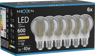 Mexen Vintis 6x Žiarovka filament LED E27, A60, 8W, Teplá - 2200K, 600 lm, smoke - L150-E27-0822-70x06